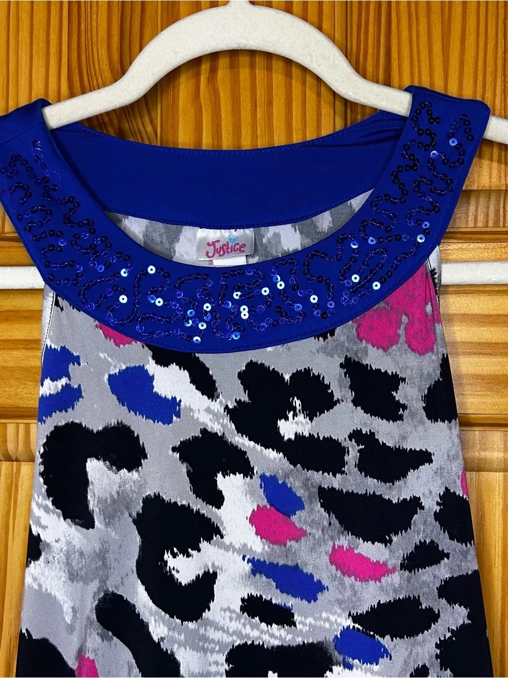 Justice Blue Collar Sequin Trim Multicolor Animal Print Dress